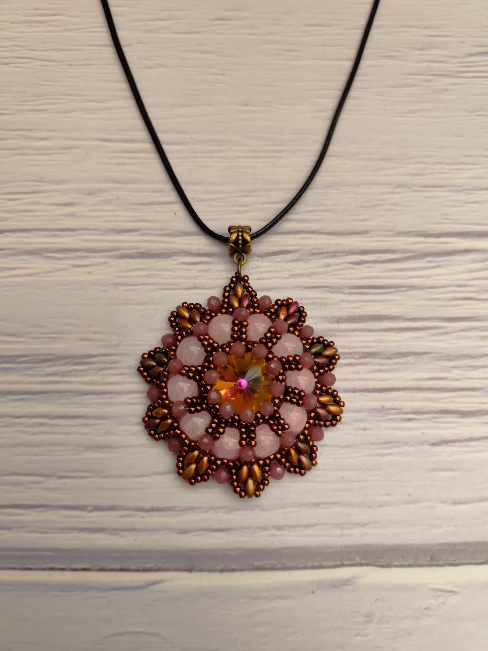 Handcrafted Pink Bead Flower Pendant Necklace - Picture 6 of 10
